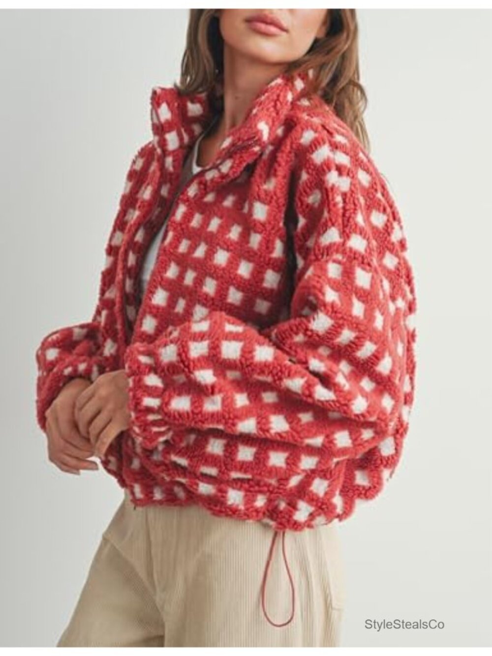 Cropped Sherpa Fleece Plaid Jacket, Zip Up Teddy Coat for Women, Fall Winter - Picture 3 of 6